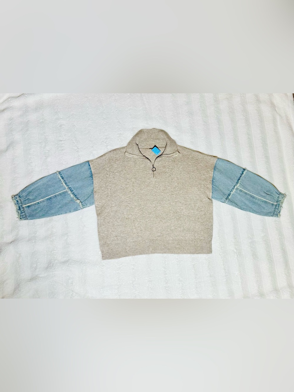 Beige Knit Sweater with Light Blue Denim Sleeves